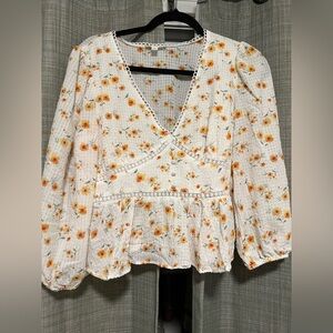 Blu Pepper Floral V-Neck Blouse in Orange and White